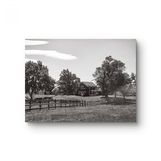 Black and white photo of a house on a prairie